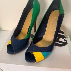 Nine West Navy, Green & Yellow Colorblock Peep-Toe Stilettos